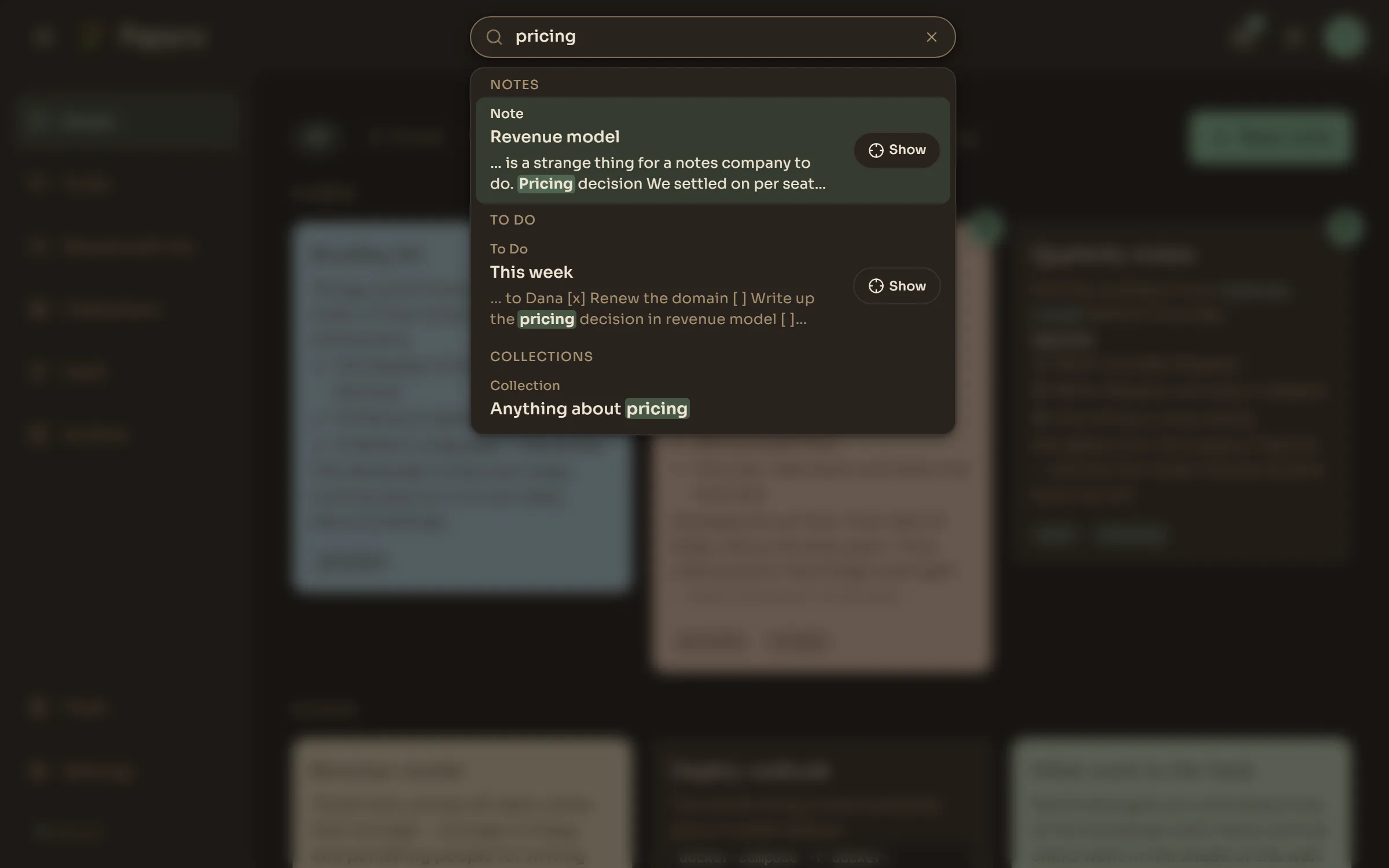 Global search over notes, to-dos and collections, with every match highlighted