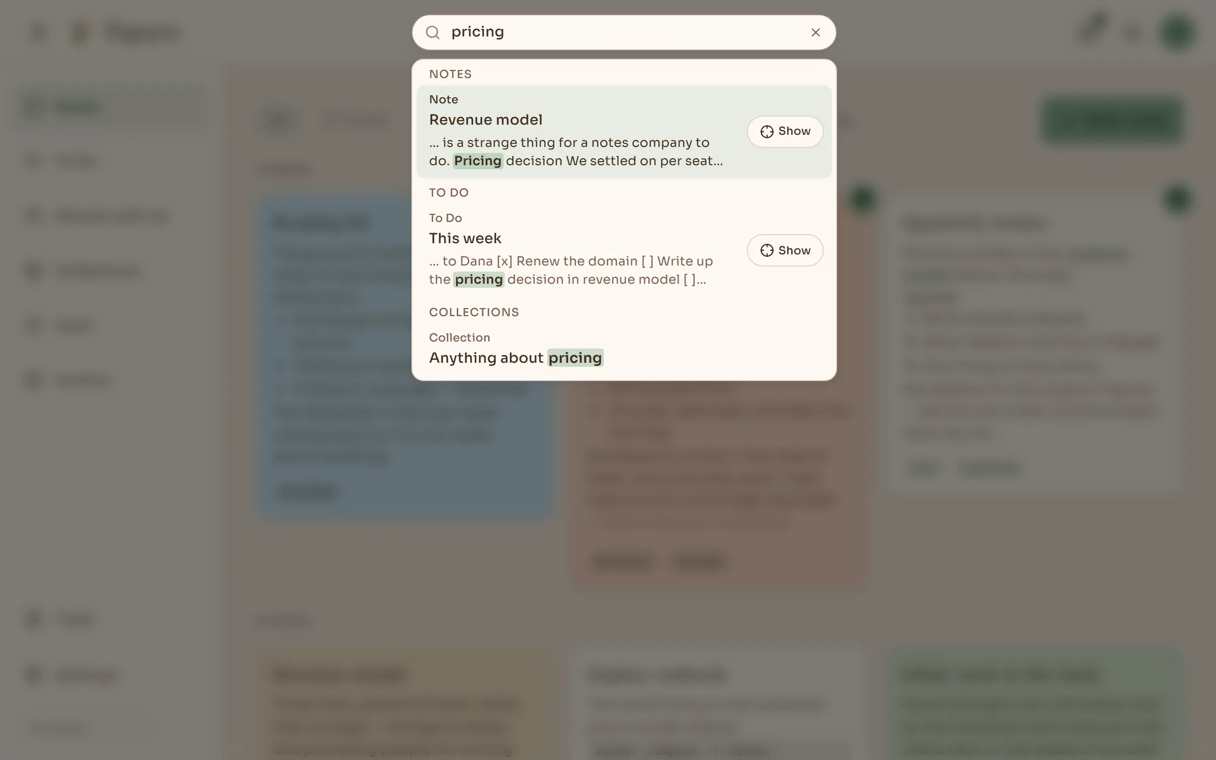 Global search over notes, to-dos and collections, with every match highlighted